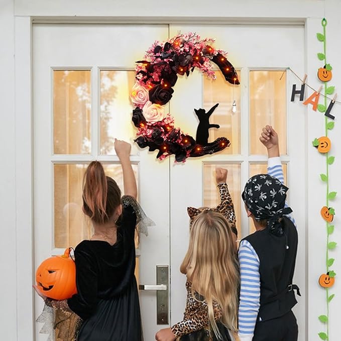Halloween Wreaths For Front Door, Flower Moon Cat Halloween Home Decoration, Halloween Family Gathering Decoration Wreath，Outdoor, Wall, Closet, Fence, Wreath Halloween (Pink)