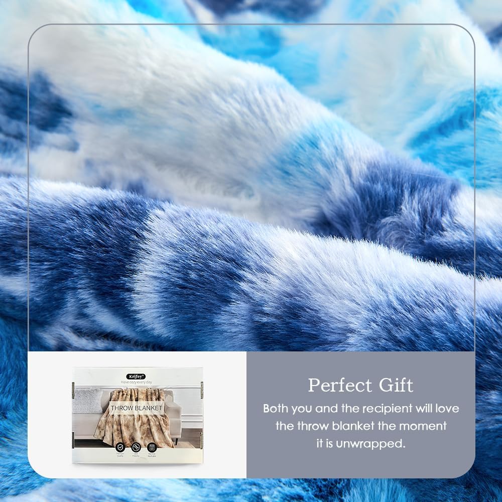 Krifey Blue Faux Fur Blanket, Super Soft Cozy Blanket, Luxury Fluffy Throw Blanket Warm Plush Bed Throw Tie Dye Blue 50" x 60"
