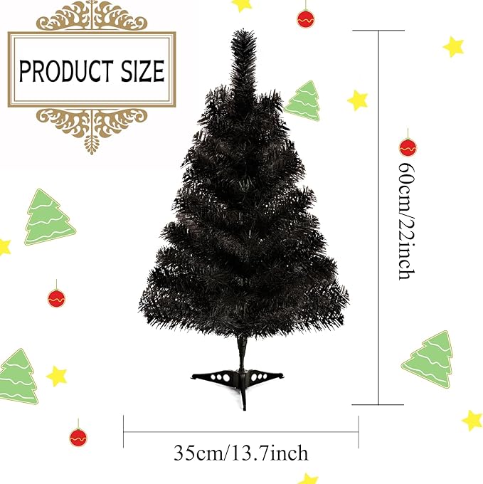 2FT Artificial Christmas Tree Black Tabletop Christmas Tree with Plastic Stand Mini Xmas Pine Tree for Party Supplies Indoor Outdoor Holiday Home Decoration(Black)