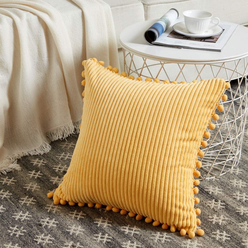 Fancy Homi Pack of 2 Yellow Decorative Throw Pillow Covers 20x20 with Pom-poms, Soft Corduroy Accent Solid Square Cushion Cases Set for Couch Sofa Bedroom Car Living Room (20x20 Inch/50x50 cm, Yellow)