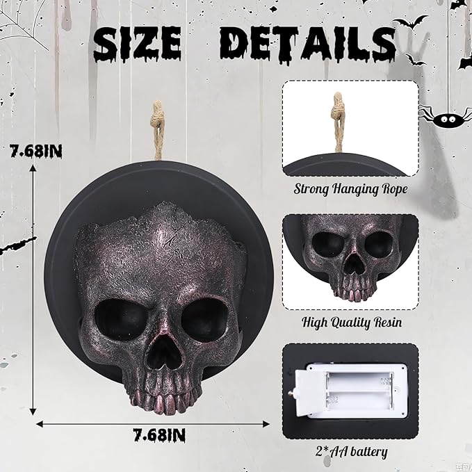 WONDER GARDEN 7.68 inch Halloween Skull Hanging Wall Decorations Light up Resin Red Gothic Skeleton Halloween Creepy Sculptures Sign for Indoor Outdoor Office Horror Home Wall Door Decor