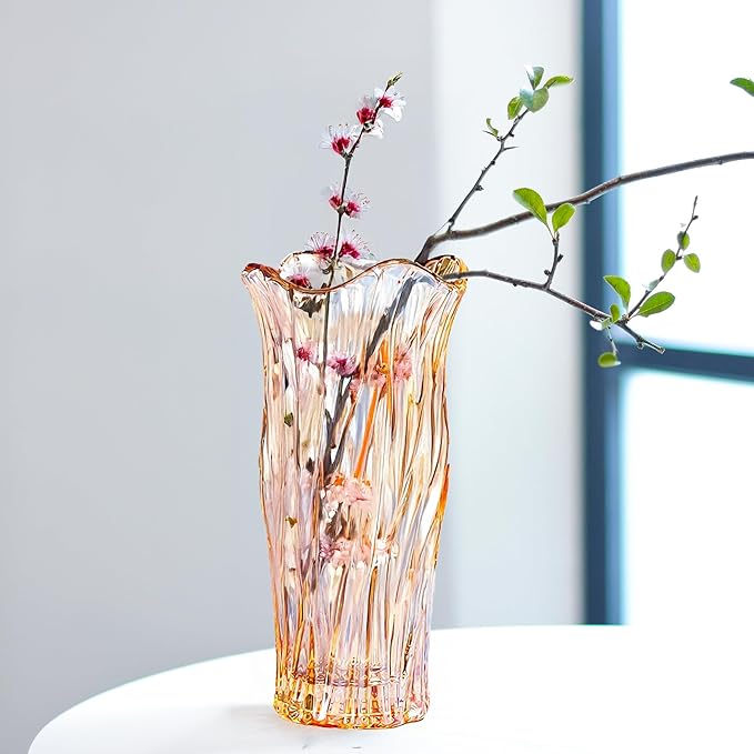 Glass Vase for Flowers, Gold Amber Clear Glass Vases for Centerpieces, Crystal Vase for Home Table Flower Decor 9.1 inches Tall