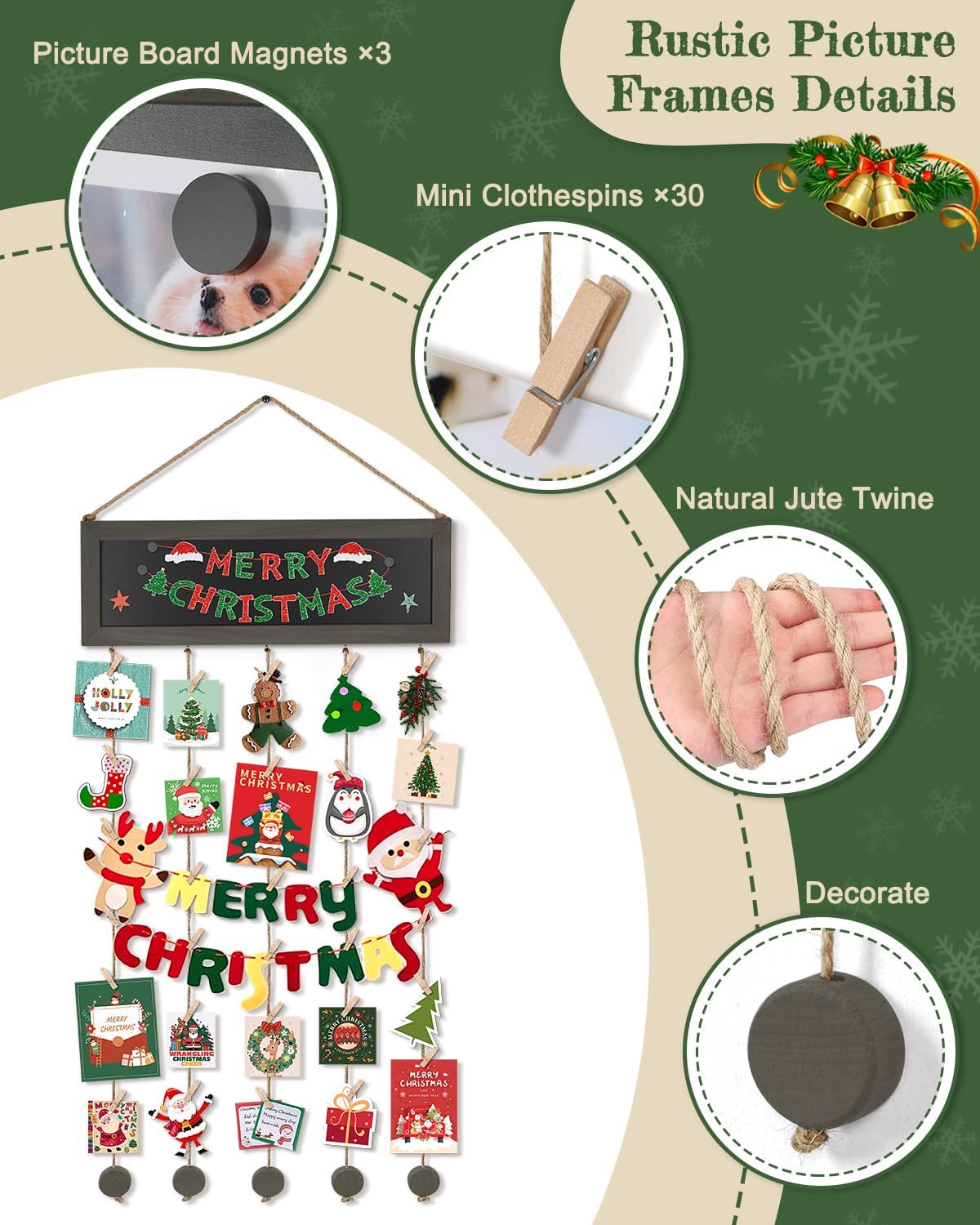 Bikoney Picture Frames Collage Photo Hanging Display Picture Board Wood Rustic Frames for Wall Decor with Blackboard and 30 Clips Weathered Grey