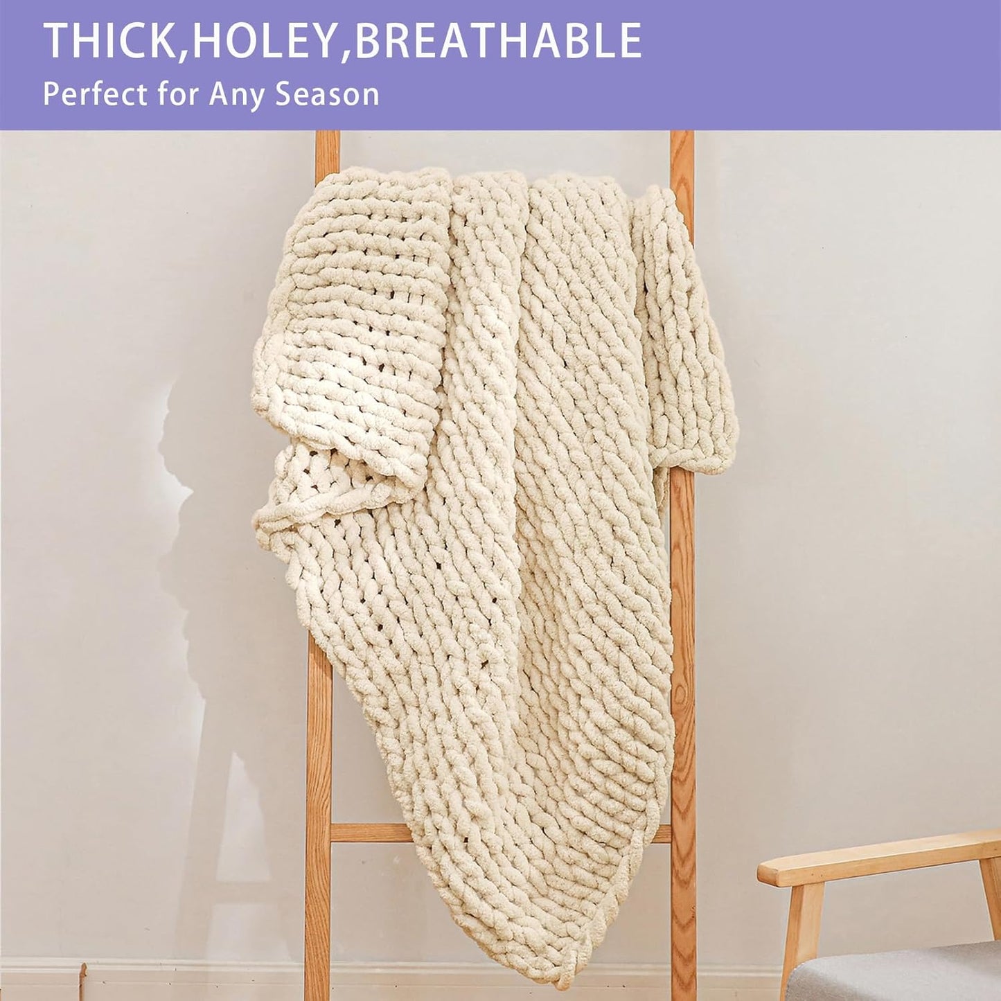 Bigacogo Chunky Knit Throw Blanket for Couch, 40x40 inches, 100% Hand Knitted with Thick Jumbo Chenille Yarn, Cozy Soft Large Rope Knot Cable Crochet Blankets for Sofa Bed Living Room, Beige