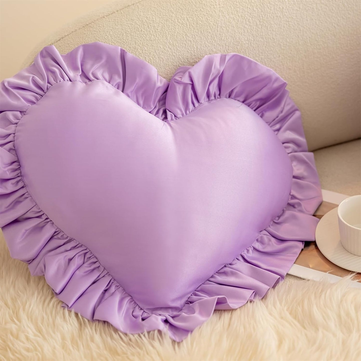 Heart Pillows, Cute Soft Room Decor Ruffled Love Heart Shape Throw Pillows Sofa Cushion Pillow for Living Room Bed Chair Car Floor Home Decoration, Purple