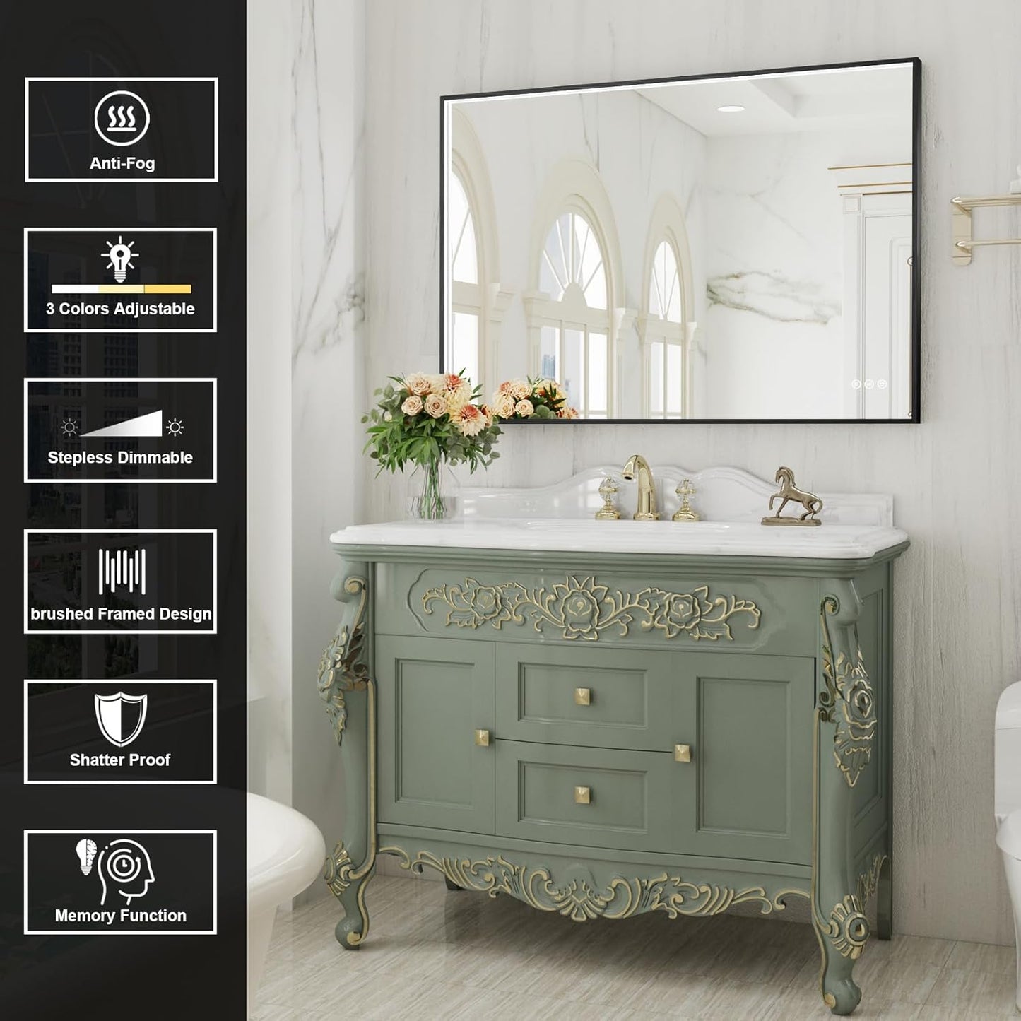 LED Bathroom Mirror with Black Framed 28X40 Inch, LED Mirror for Bathroom with Anti-Fog, Stepless Dimmable, Front Lit, Memory Function, Shatter-Proof