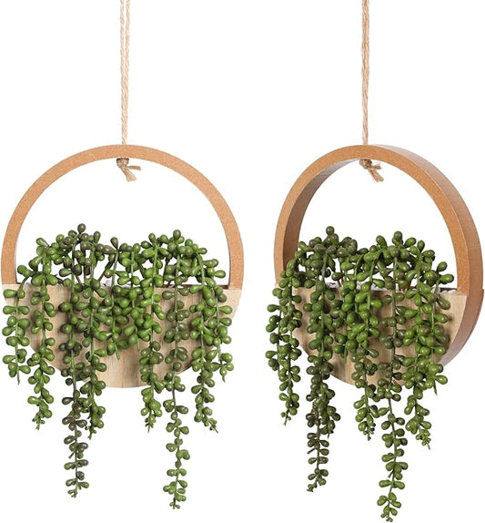 Floweroyal 2pcs Artificial Succulents Hanging Plants 12.2'' Fake String of Pearls in Pot with 8.3'' Lanyard for Indoor Outdoor Wall Decor（Wood Color）.