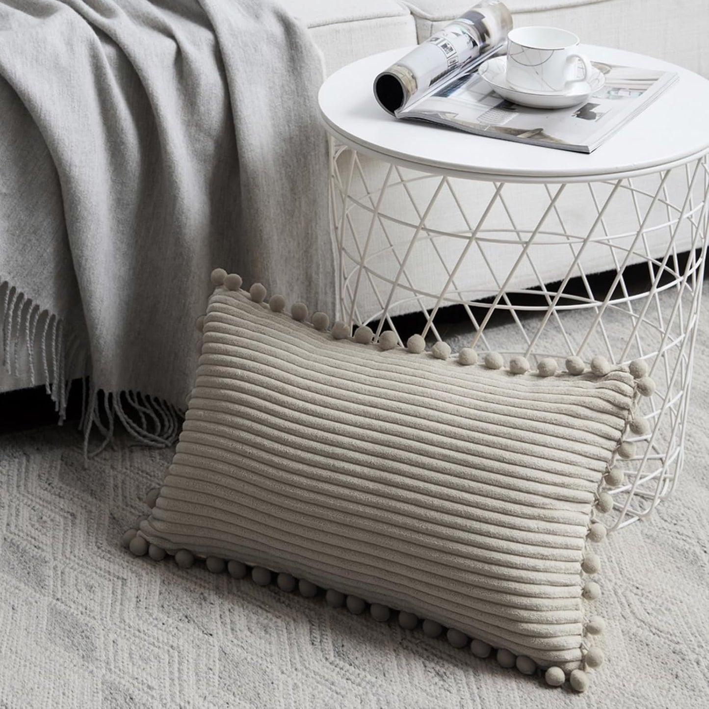 Fancy Homi Pack of 2 Boho Neutral Taupe Lumbar Decorative Throw Pillow Covers with Pom-poms, Soft Corduroy Solid Rectangle Cushion Cases Set for Couch Sofa Bedroom Car(12x20 Inch/30x50 cm)