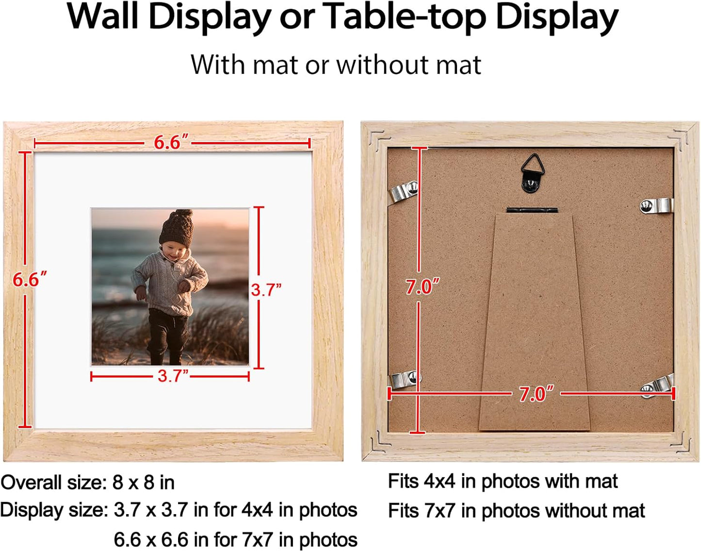 KINLINK 7x7 Picture Frame, Natural Square Solid Wood Frames for Pictures 4x4 with Mat or 7x7 without Mat, Wall and Tabletop Display Photo Frames Natural Wood 4 Pack