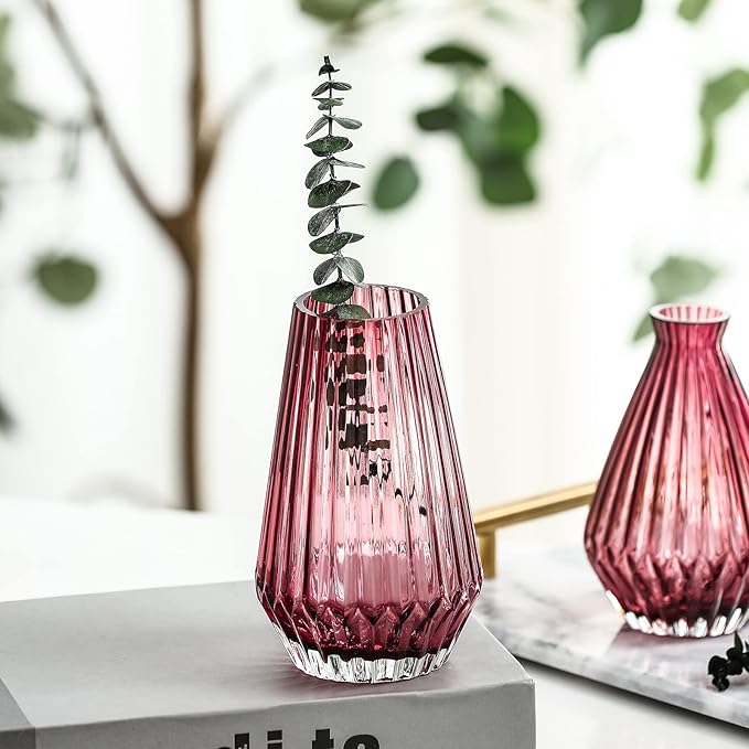 G Fusuma Red Glass Flower Vase for Table Centerpiece, High-Grade Decorative Flower Vase for Bouquets,Mantel and Shelf Display, Dining Table Centerpiece, Living Room Office Decoration, 6" Tall