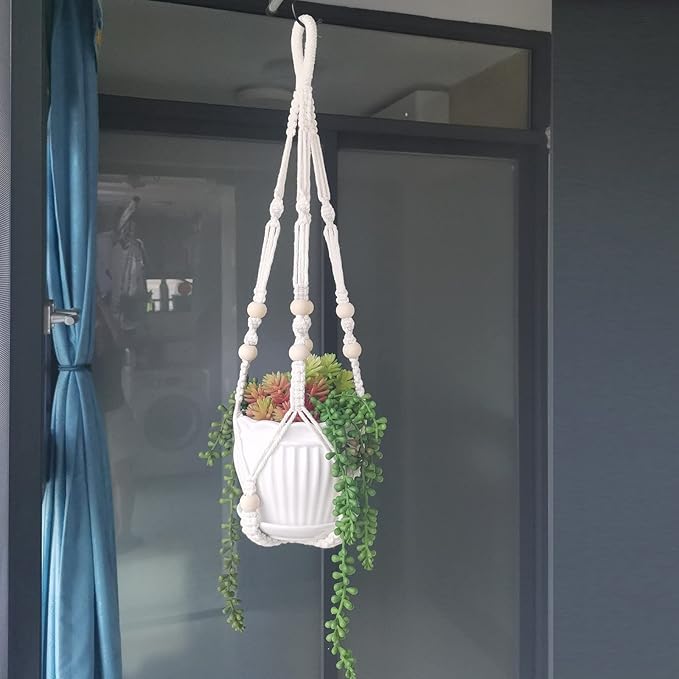 Macrame Plant Hanger Indoor, 23" No Tassel Hanging Plant Holder, Sturdy Flower Pot Holder with 2 Hooks - Ivory (Pot NOT Included)