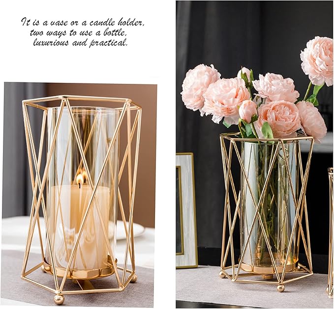 Cosylove Geometric Glass Vase with Metal Bracket, Crystal Transparent Inner Vase, Hand-Plated Geometric Metal Vase, Rose Gold Vase Decoration for Home Office Wedding Holiday Party Gift