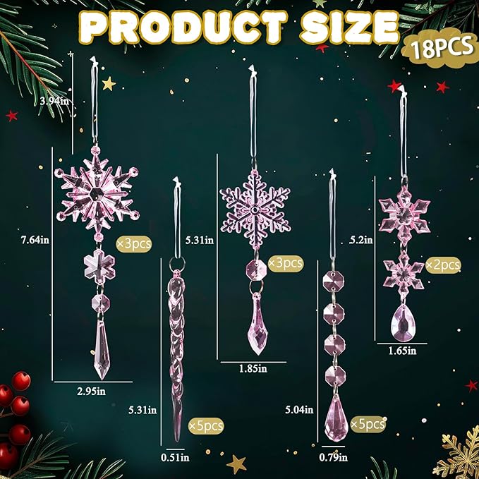 18pcs Crystal Christmas Ornaments for Christmas Tree Decorations-Pink Hanging Acrylic Snowflake and Icicle Ornaments with Drop Pendants for New Year Party Decorations Supplies