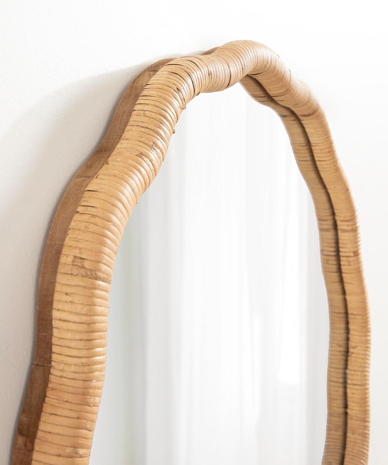 Kate and Laurel Rahfy Boho Scalloped Round Rattan Mirror; 26 Inch Diameter; Natural Wood; Decorative Round Wavy Mirror with Authentic Rattan Frame for Boho Wall Decor