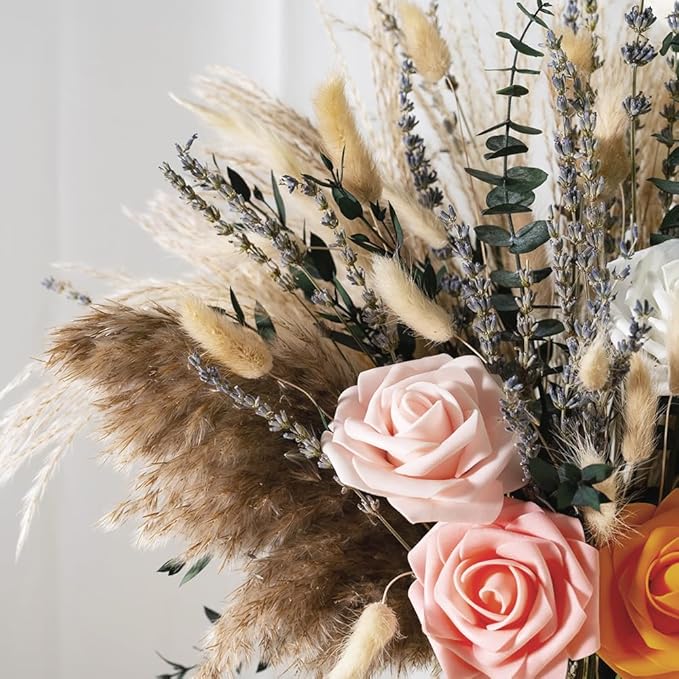 107pcs Natural Dried Pampas Grass Decor with Vase Artificial Flowers in Vase Boho Home Decor Bouquet Bunny Tails Dried Flowers, Reed Grass Bouquet for Wedding Floral Arrangements (107pcs)