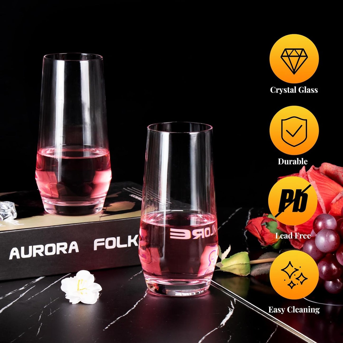 KAMMAK Drinking Glasses 12oz Crystal Water Glasses Set of 2, Tall Glass Cups, Highball Glass for Cocktail, Juice, Mojito, Iced Tea, Kitchen and Bar Glassware Gifts, Collins Glasses