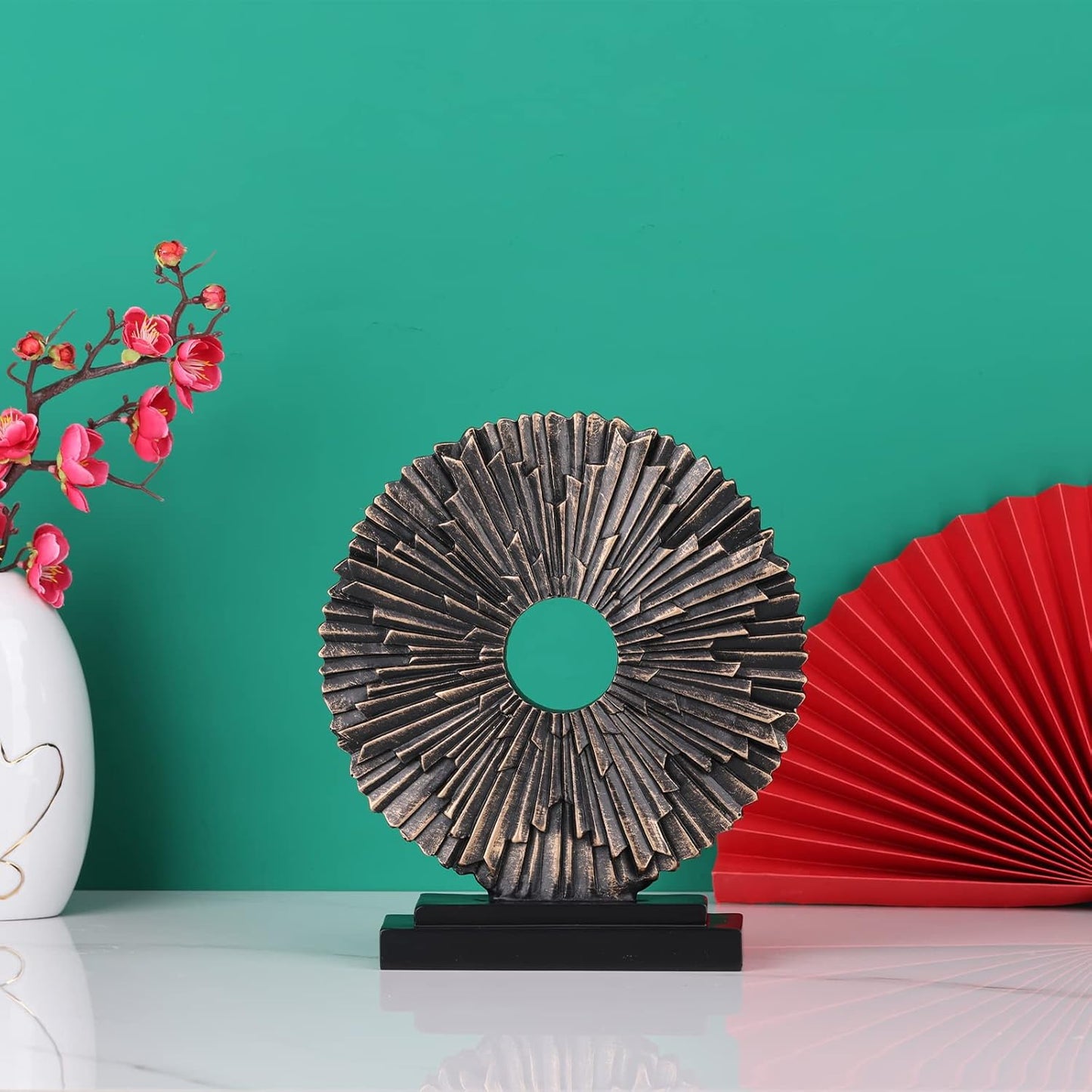 Black and Gold Home Decor Statue, Unique Office Decor, Round Line Medallion Statue for Room Decor, Shelf Top Decor, Entryway Entry Table, Floor Mantle Decor and Home Panel Decorations