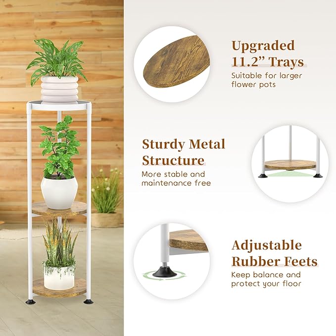 KMOTASUO 3 Tier White Plant Stand Indoor for Large Tall Heavy Duty Planter, Multiple Sturdy Metal Flower Corner Rack for Narrow House Floor, Iron Vertical Level Round Orchi Holder Organizer, Modern