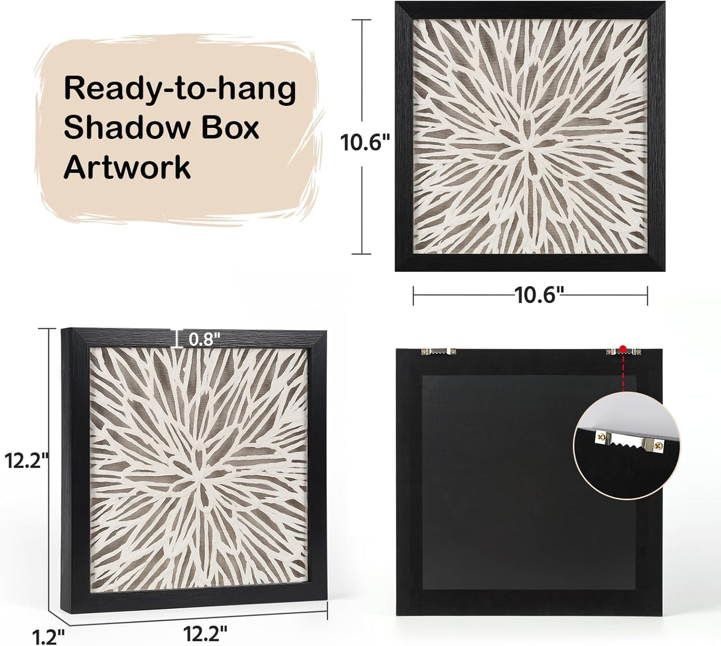 FOLKOR Framed Wall Art Black and White for Rustic Farmhouse Home Decor, 12" Rice Paper Neutral Wall Art Hanging Sculpture, Abstract Floral Artwork for Entryway Fireplace Above Bed Tv Accent