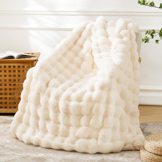 BENVWE Fluffy Faux Fur Throw Blanket for Couch, Soft Plush Thick Cozy Fuzzy Luxury Minky Bubble Blanket for Home Living Room Decor Gift for Women, Warm Ivory, 50" x 60", 1100GSM