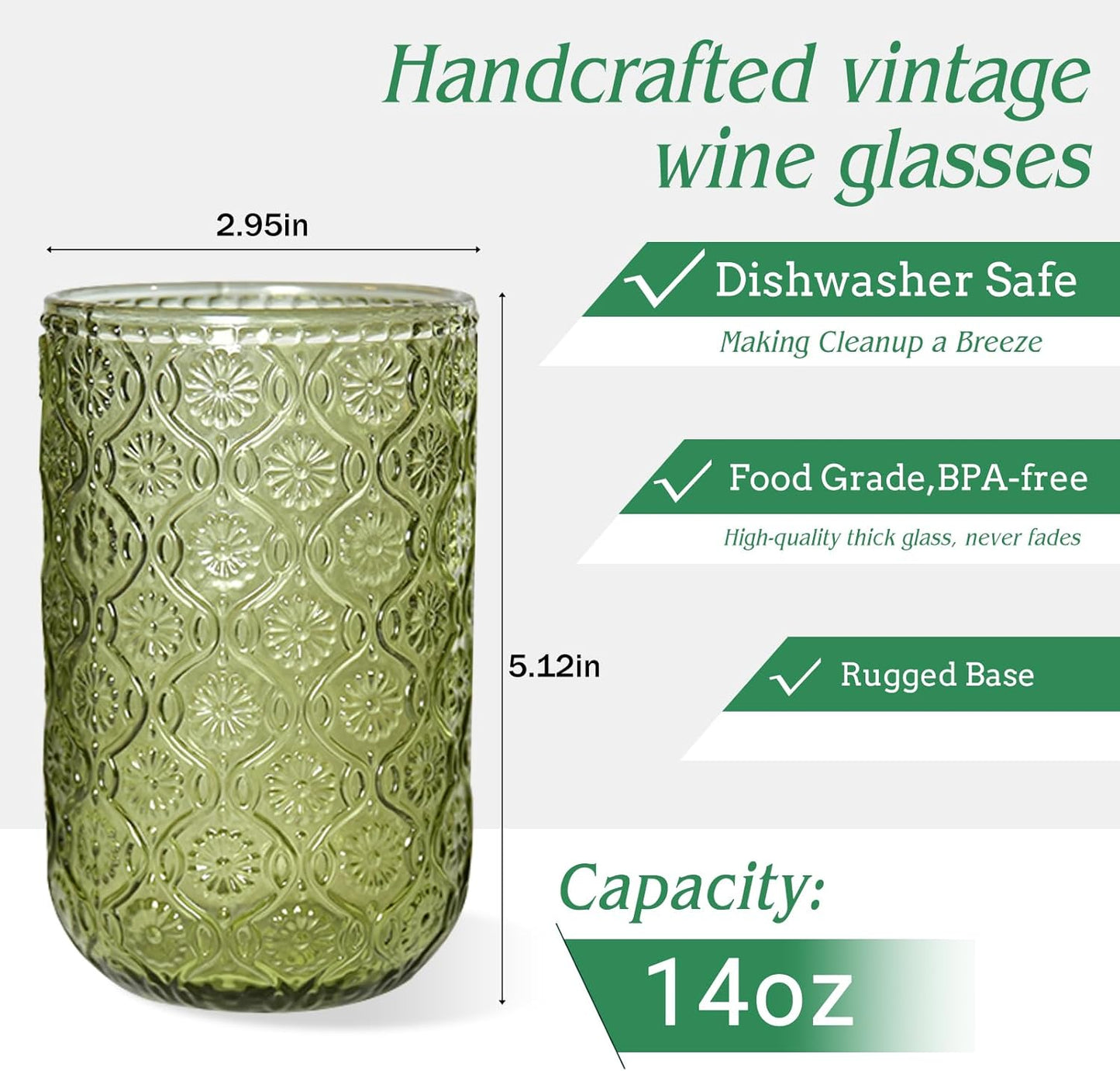 Green Vintage Drinking Glasses Set of 6, 14 oz hobnail drinking glasses Glassware Embossed Green Water Tumbler for Beer, Juice, Cocktail, Whiskey, Milk
