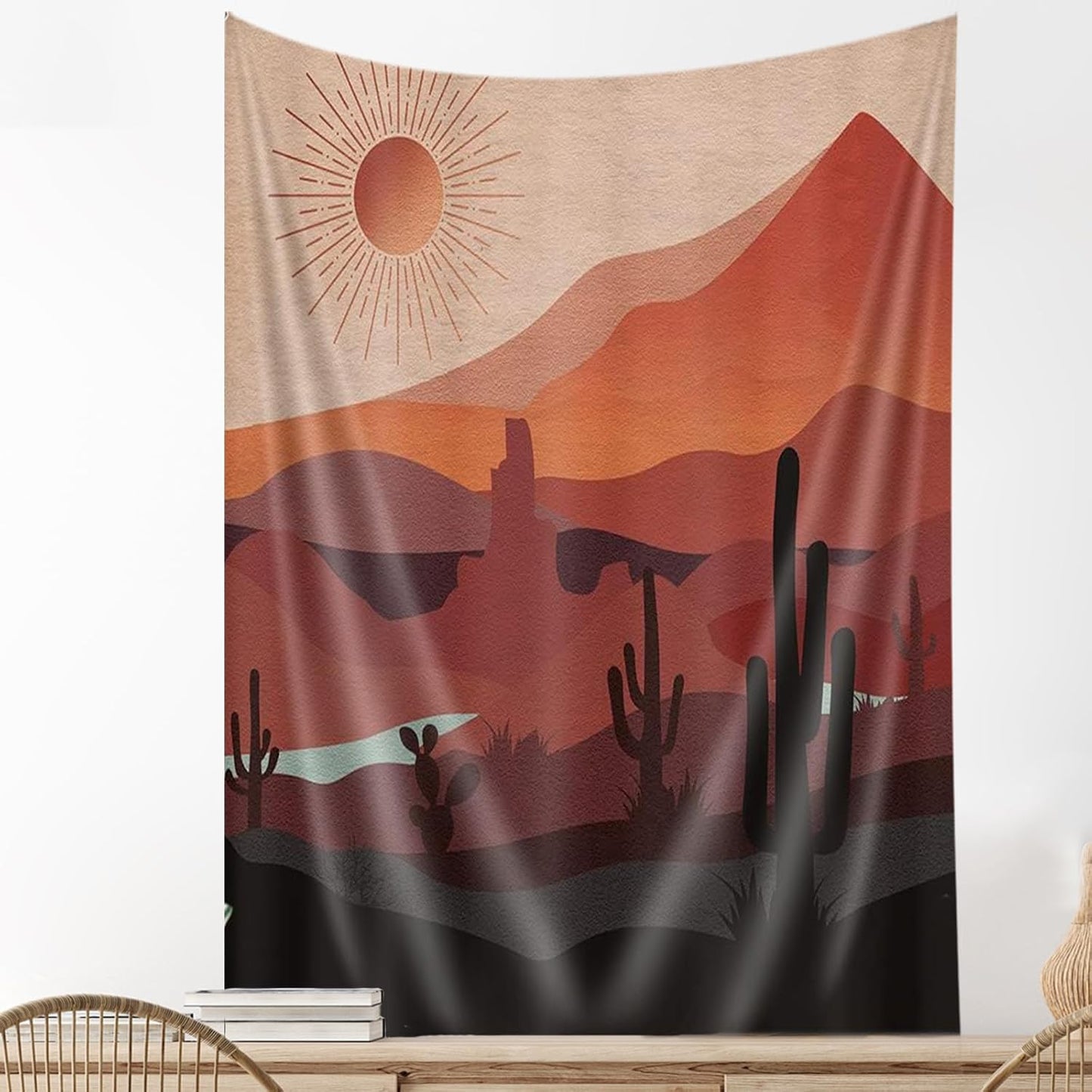DYNH Boho Western Tapestry Modern Southwestern Mountain Cactus Arizona Desert Sunset Wall Tapestry Mid Century Modern Retro Aesthetic Minimalist Vertical Wall Hanging for Bedroom 60X80IN
