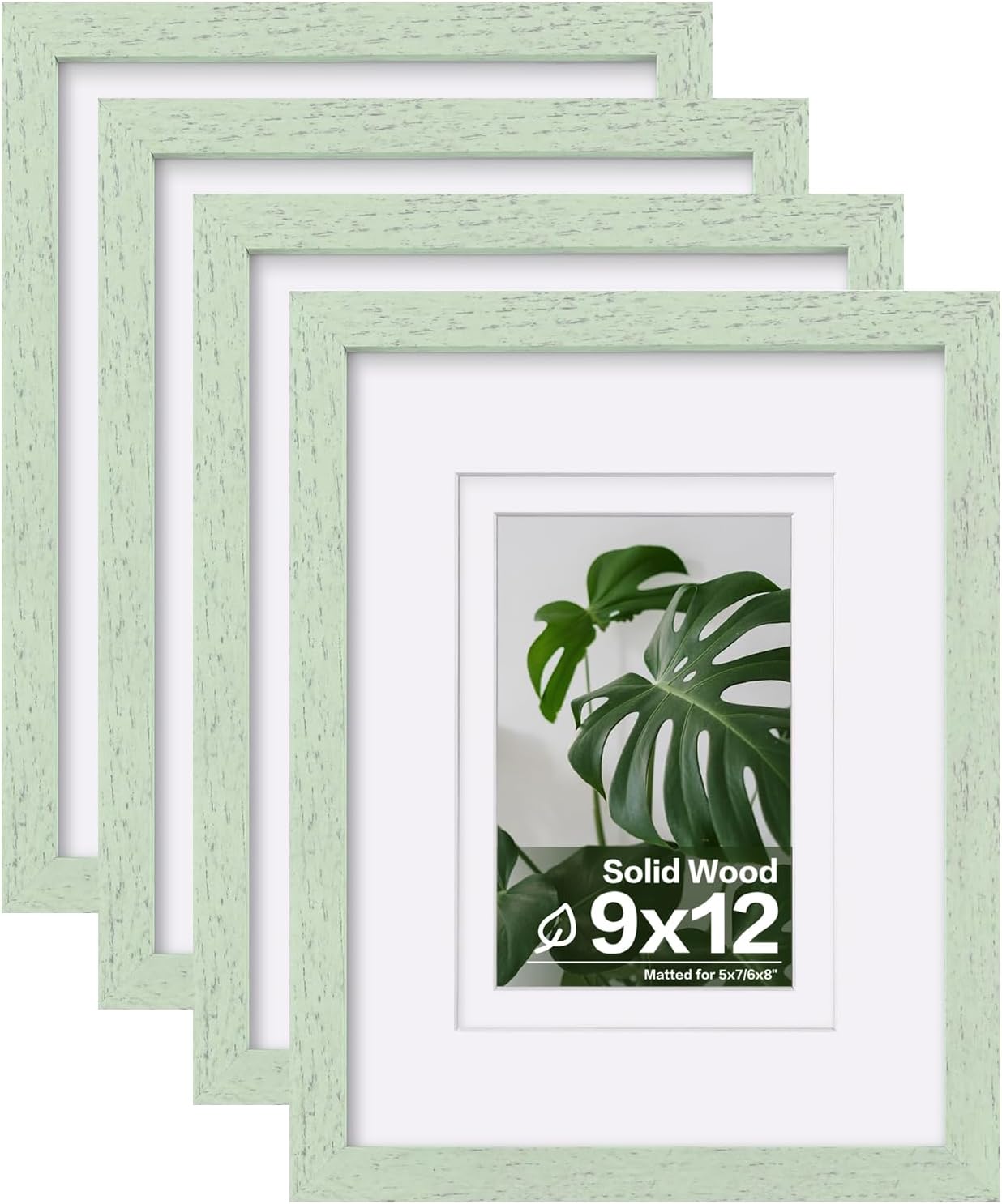 Egofine 9x12 Picture Frames Set of 4, Made of Solid Wood Covered by Plexiglass 5x7 and 6x8 with Mat or 9x12 without Mat, for Table Top Display and Wall Mounting Photo Frame Rustic Green