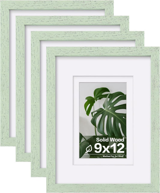 Egofine 9x12 Picture Frames Set of 4, Made of Solid Wood Covered by Plexiglass 5x7 and 6x8 with Mat or 9x12 without Mat, for Table Top Display and Wall Mounting Photo Frame Rustic Green