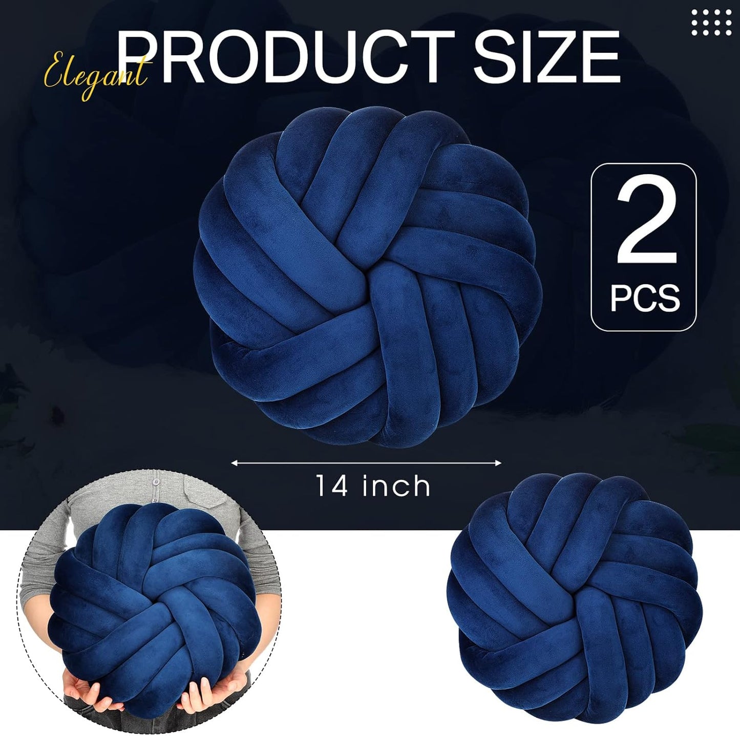 Fumete 2 Pcs 14 Inches Knot Pillow Round Throw Soft Plush Knot Ball Pillow Handmade Knotted Modern Home Decorative Cushion for Bed Bedroom, Sofa, Couch (Royal Blue)
