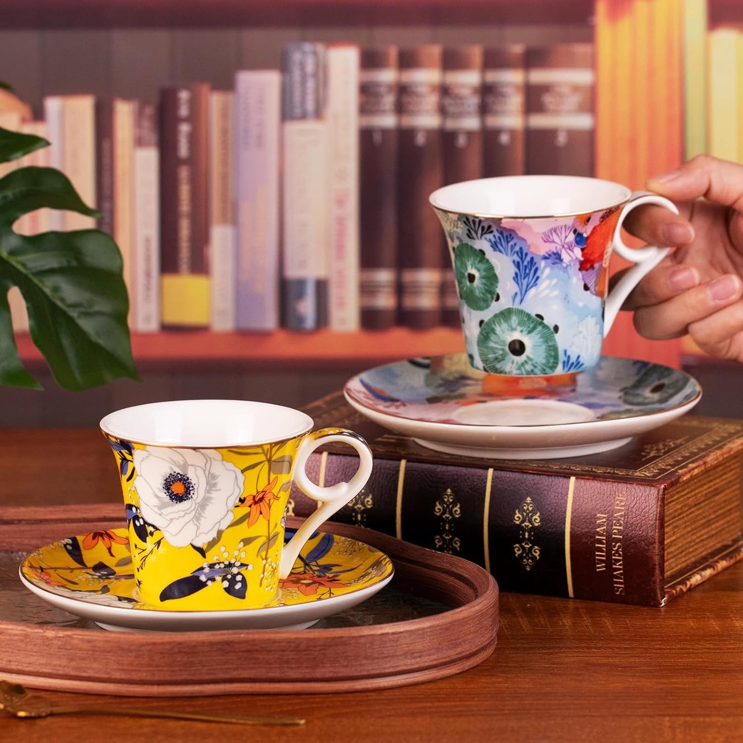 KAMMAK Tea Cups and Saucers Set of 2, Reinforced Porcelain Coffee Cups, 5.7-Ounce Stackable Espresso Mugs, Ceramic Demitasse for Coffee, Cappuccino, Latte, Americano, Tea, Coral + Bee Flower