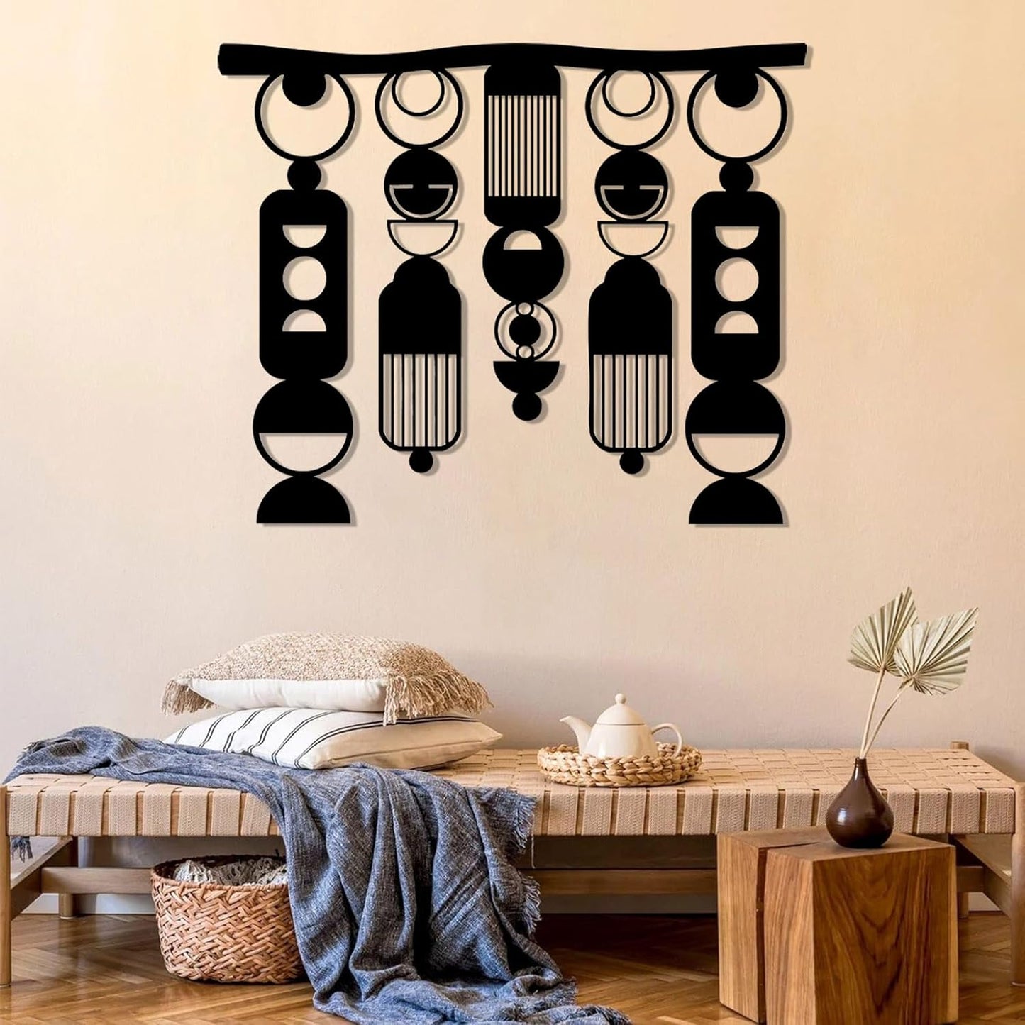 Hfrolixit Metal Macrame Boho Wall Decor, Bohemian Metal Wall Art, Large Macrame Wall Art, Abstract Geometric Wall Decor, Above Bed Wall Hanging (White, 24"x19"/60x49cm)