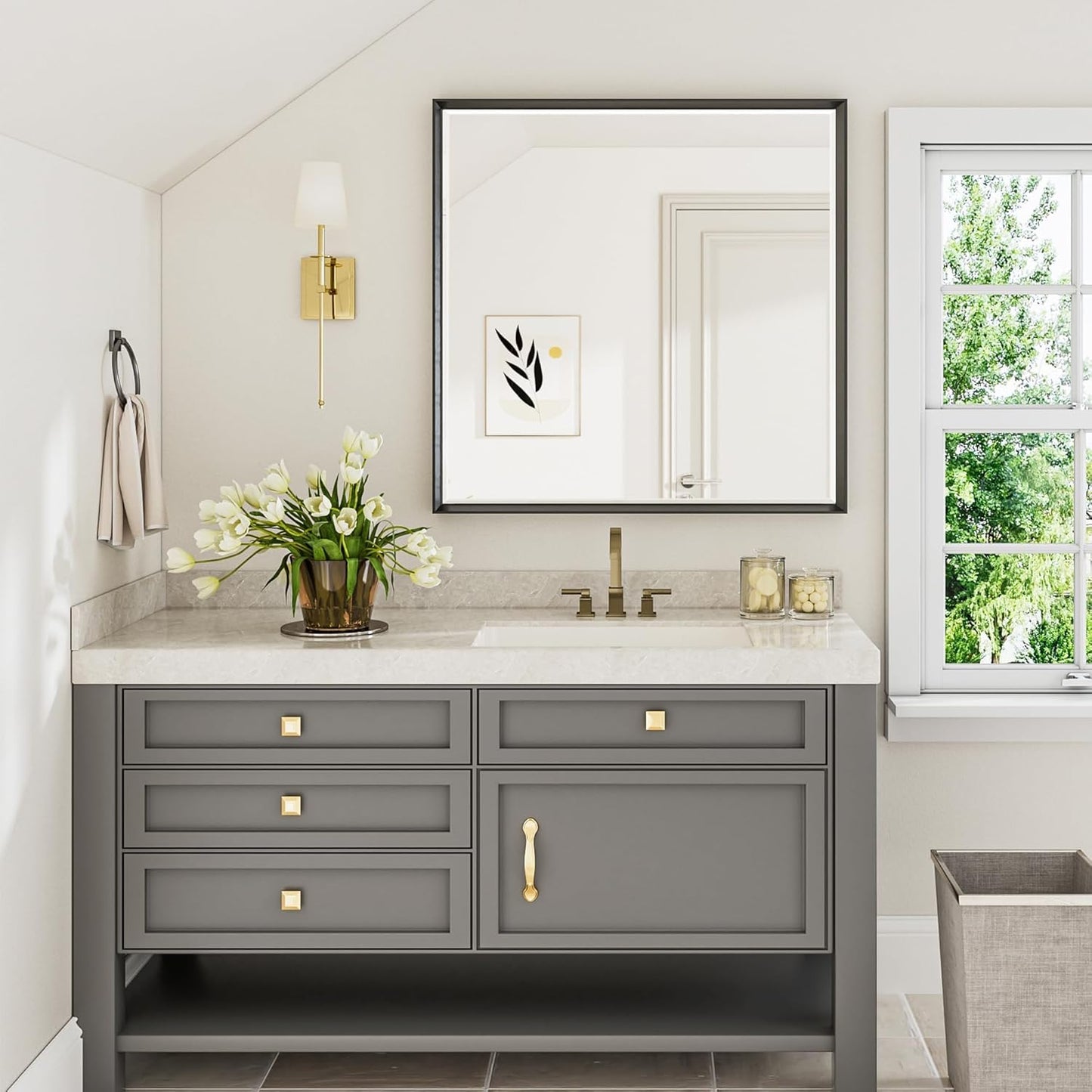 Black Framed Mirror for Bathroom 36x36 Inch Square Beveled Bathroom Mirror, Matte Black Metal Frame Bathroom Mirror, Shatterproof Black Mirror for Bathroom Wall