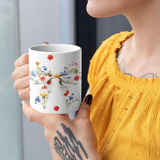 1PCS Personalized Name White Coffee Mug, Custom Floral Bow Full Wrap Cup 11oz or 15oz, Bow with Colorful Wildflowers on Ceramic Cup, Cute Spring-Inspired White Mug, Gifts for Her