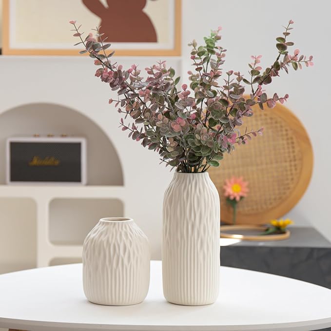 White Ceramic Flower Vase Set of 2, Porcelain Cylindrical Dried Flowers Holder, Decorating for Drawing Room/Table/Study/Office Entryway, Modern Simple Boho Style (White)