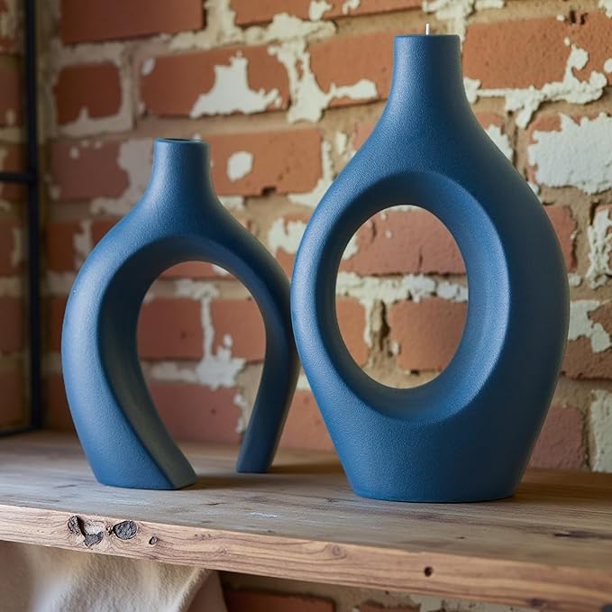 Snuggle Hollow Ceramic Vase Set of 2, 11Inch Nordic Modern Boho ins Style Decorative Ceramic Aesthetic Flower Vases for Home Decor Living Room Shelf Table Decorative (Matte Navy Blue)