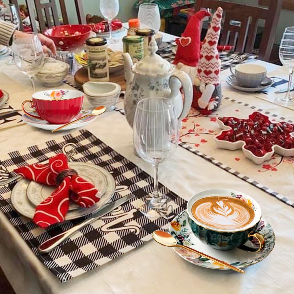 Coffee Cups and Saucers Set of 2,8 oz Tea Cup and Saucer Royal Vintage Ceramic Floral Lined Coffee Cup for Latte,Cappuccino,Porcelain Tea Sets Gift for Birthday Gifts(Red/Green)