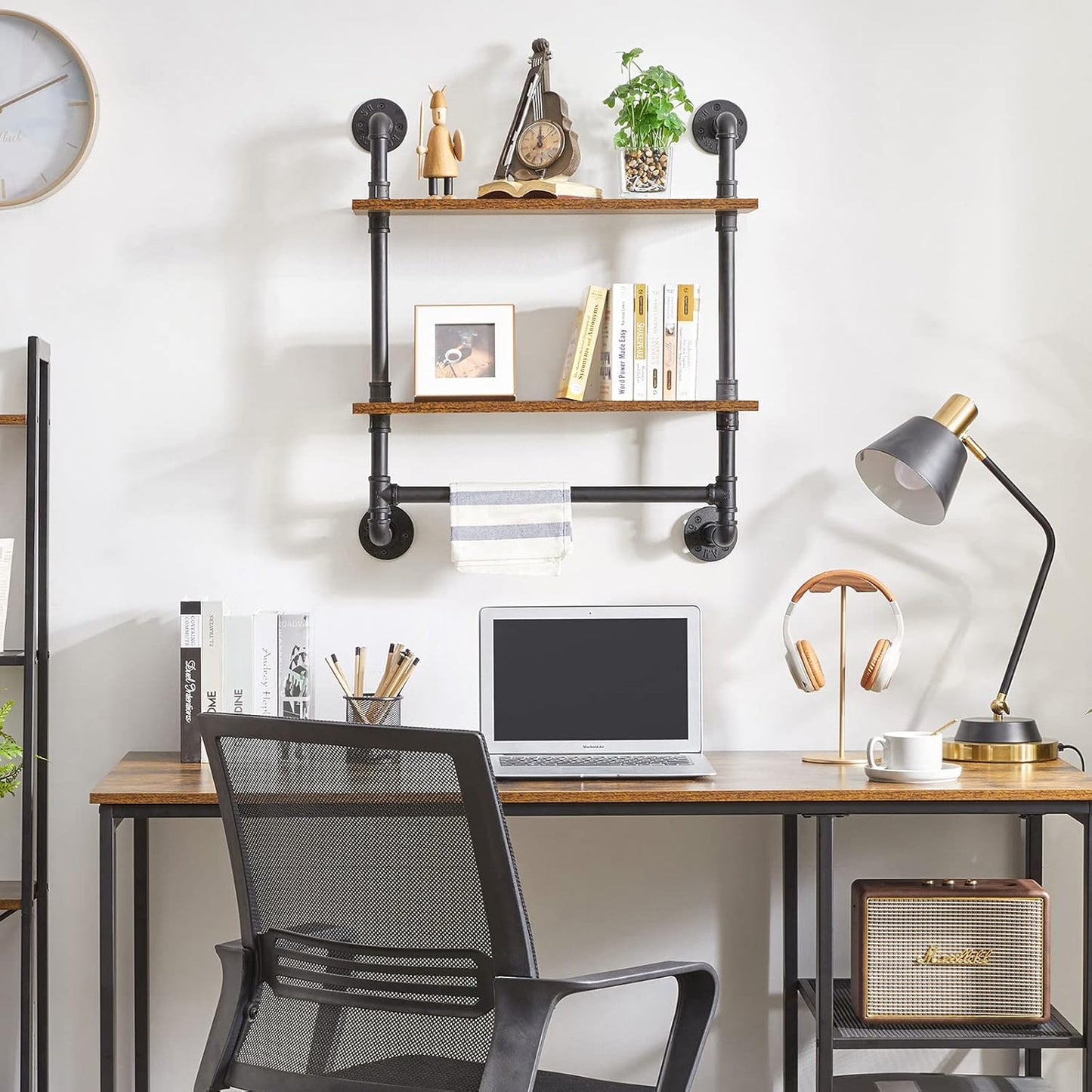 IBUYKE Pipe Floating Shelves,Rustic Iron 28.5 inches Industrial Pipe Shelf,2-Tier Wall Shelf with Towel Bar,Wall Mount Bookshelf for Bedroom,Kitchen,Living Room,Bathroom URF-TM014