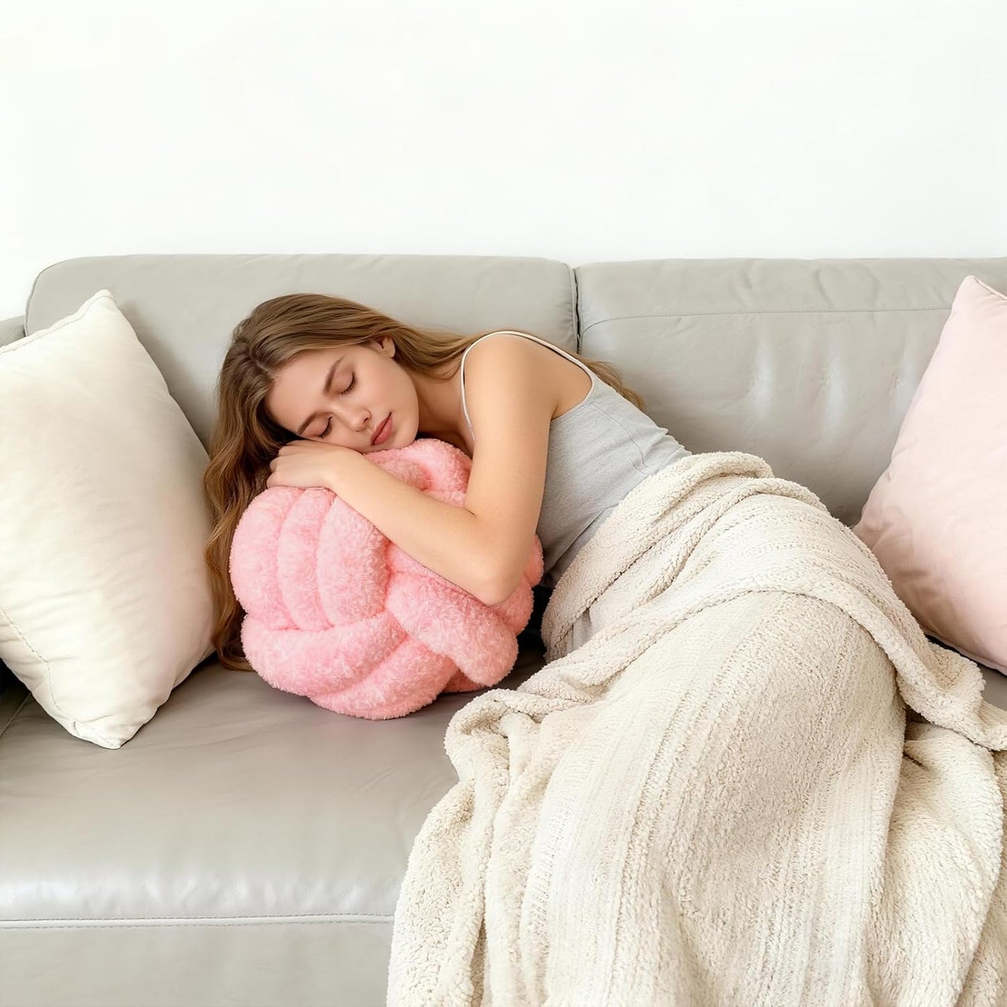 Knot Pillow Ball Plush - Decorative Throw Pillows for Bed Relieve Stress, Round Knot Cushion for Sofa Decor Pet Toy, Pink 12 inch