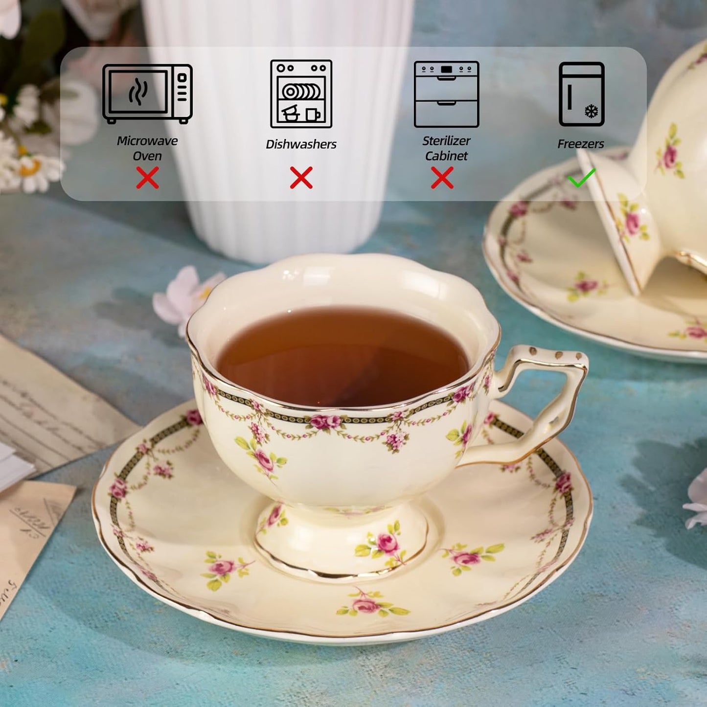 KAMMAK Tea Cups and Saucers Set of 2, Porcelain, 7.8-Ounce | Stackable Espresso Mugs | Imperial Court Collection | Ceramic Demitasse | For Coffee, Latte, Americano, Tea