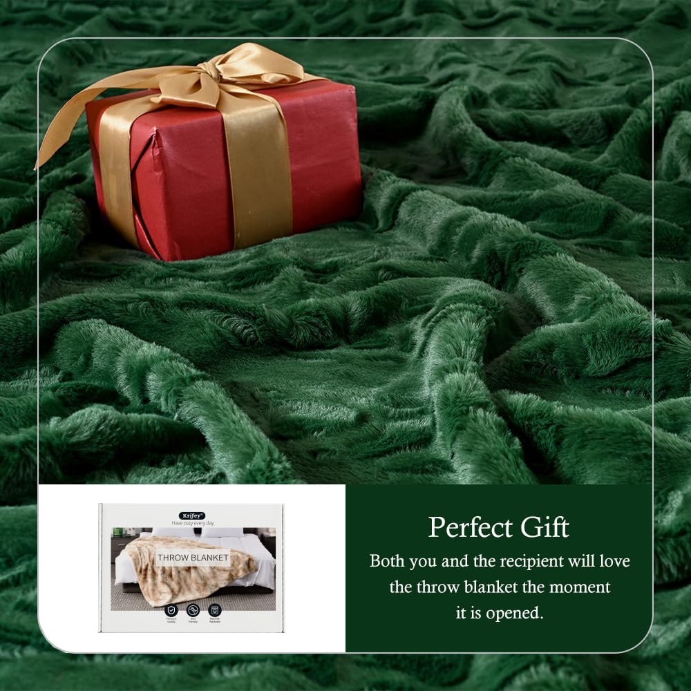 Krifey Oversized Faux Fur Blanket, Super Soft Cozy Blanket, Luxury Fluffy Throw Blanket Fuzzy Bed Throw, Plush for Women, Dark Green, 60" x 80"