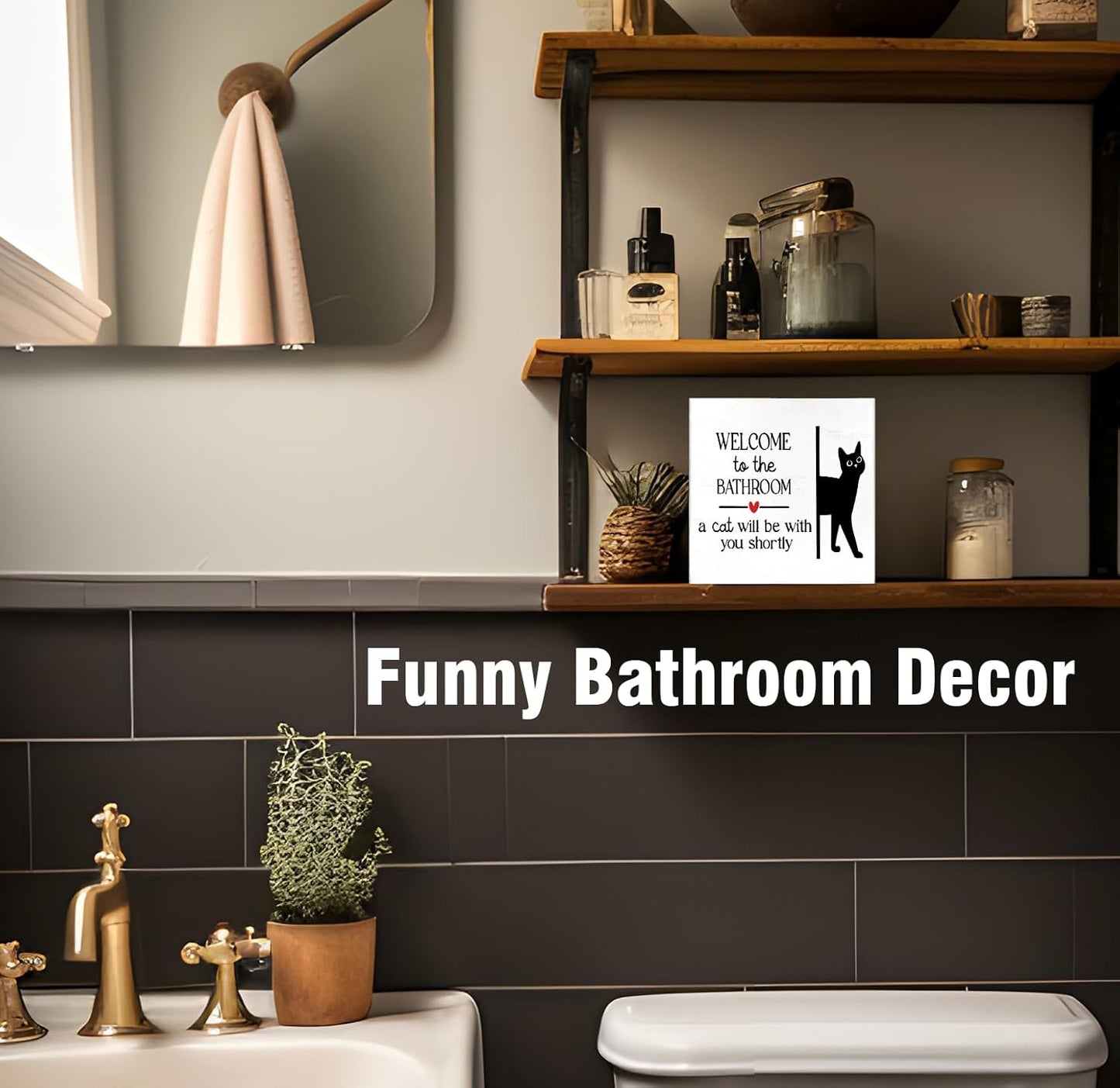 Funny Bathroom Black Cat Wall Decor Desk Wooden Box Sign, Cat Decor for Home Welcome to the Bathroom Sign, Gifts for Women Cats Lovers, Welcome To The Bathroom A Cat Will Be With, 5x5 inch