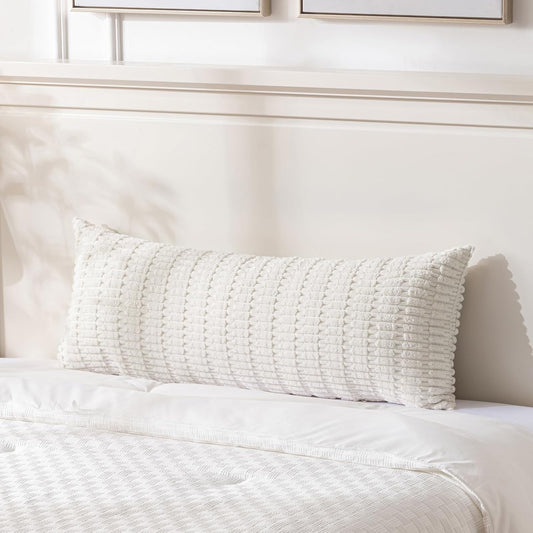 Fancy Homi Cream Boho Long Body Lumbar Decorative Throw Pillow Cover 20x54 Inch for Bed Couch Bedroom Bench, Soft Corduroy Rectangle Solid Pillow Case 50x137 cm, Rustic Farmhouse Room Decor