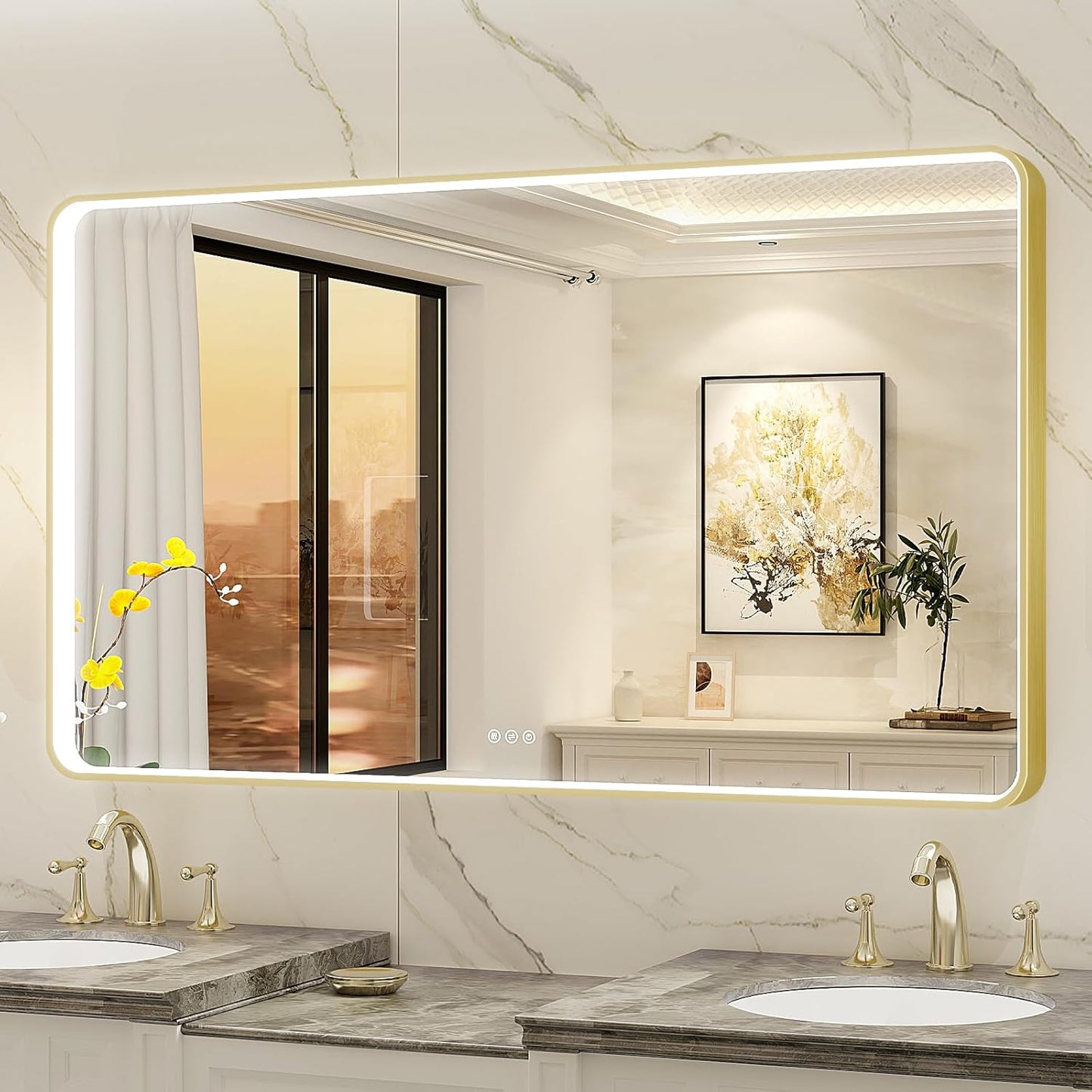 LED Mirror for Bathroom 55X32 Inch Gold Framed with Anti-Fog, Stepless Dimmable, Front Lit, LED Bathroom Vanity Mirror for Wall, Memory Function, Shatter-Proof