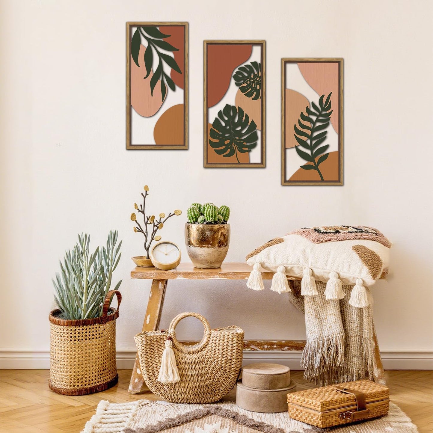 KAIRNE Boho Tropical Wooden Wall Art Set,Botanical Palm Leaf Wood Decor,Farmhouse Geometric Hanging Decor Set of 3(8X16),Framed Minimalist Nature Bohemian Wood Art For Living Room Bedroom Office Decoration,