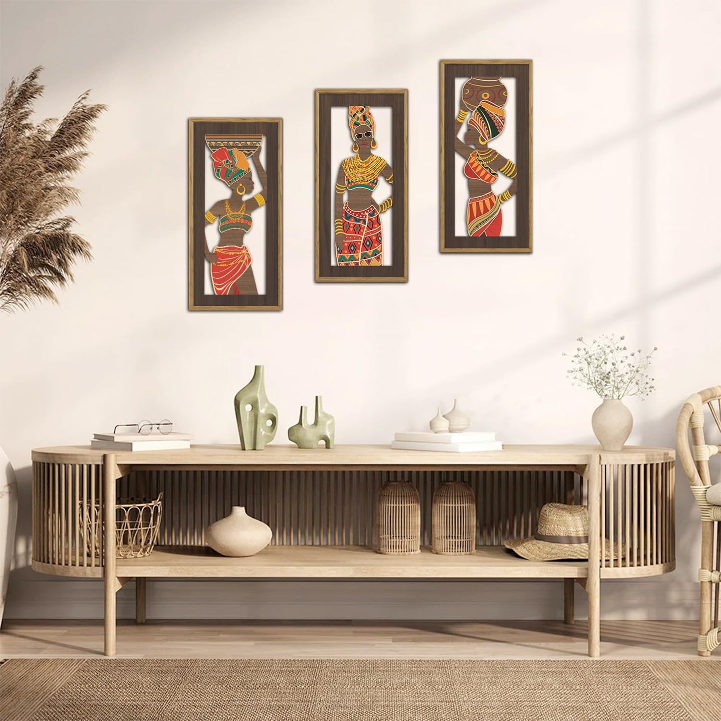 KAIRNE Abstract African American Wall Art,Black People Wooden Wall Art,Set of 3(8”X16”),Black Women Wood Hanging Decor,Traditional African Tribe Artwork for Living Room Kitchen Bedroom Decor,Framed