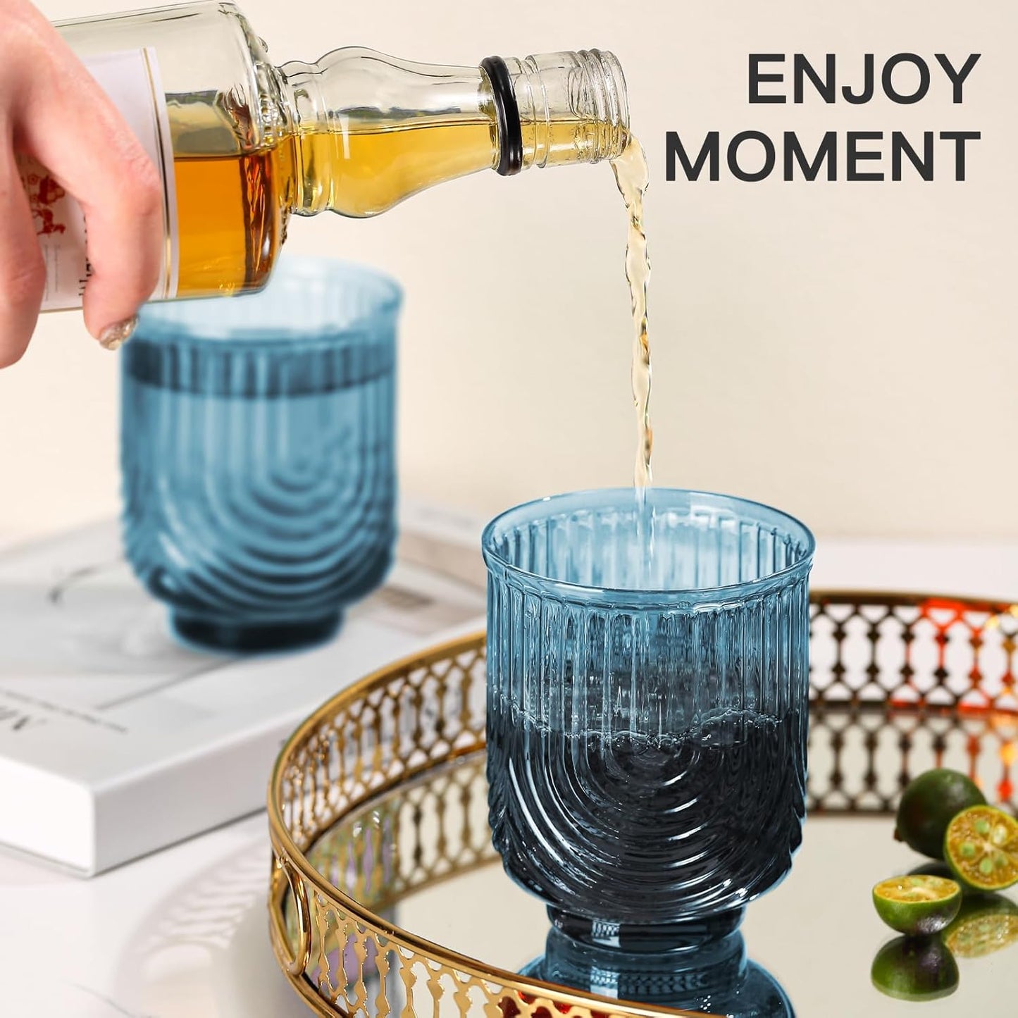 Blue Vintage Glassware Set of 6-14Oz Blue Water Drinking Glass, Art Deco Ripple Highball Glass, Whiskey Cocktail Glasses, for Bar Beverages Ice Coffee Juice, Housewarming Gifts