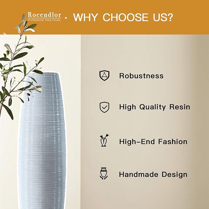 Tall Floor Vase, 27.5 inches (70cm, 2.3FT) Floor Vase Sturdy and Luxurious,Tall Vases for Country Home Decor, Living Room, Resin White Vases