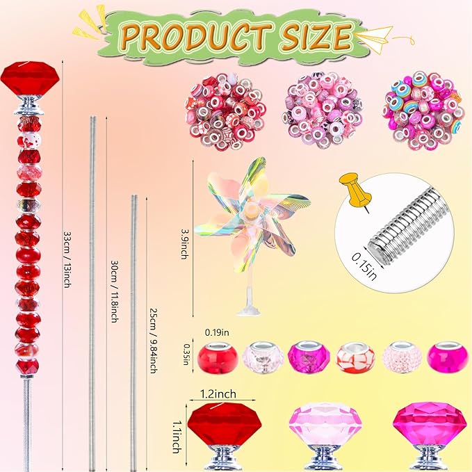 148 PCS Beaded Garden Stakes Kit, DIY Fairy Wand Garden Stake Beads Kits with Assortment Large Hole Beads 6 Crystal Stopper Top Threaded Rods and 3 Colored Small Windmills for Outdoor Indoor Decor