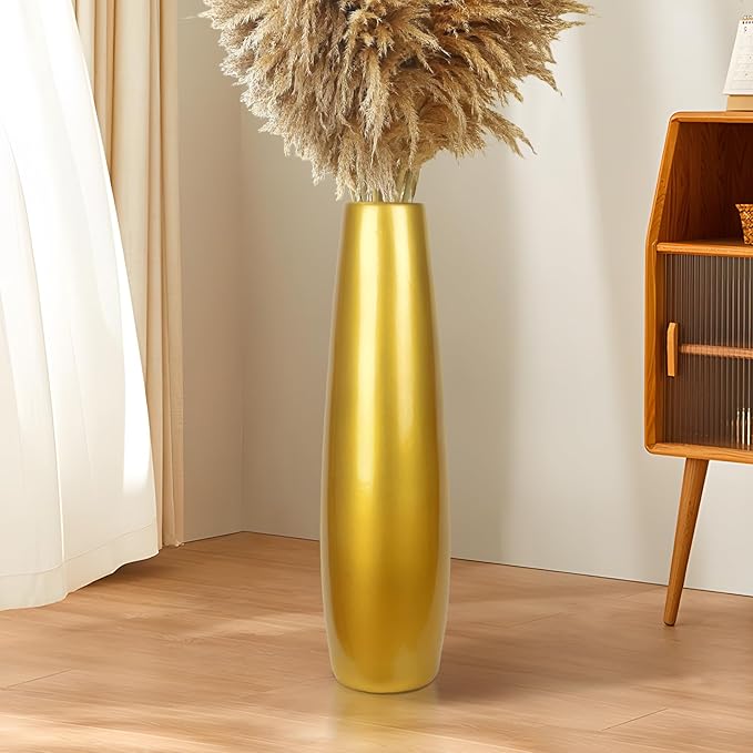 Gold Ceramic Tall Floor Vase,28 Inch Large Modern Flower Vases for Home Décor,Wicker Big Floor Vase Decorations for Farmhouse, Living Room,Bedroom,Standing Plastic Vase Decorative Tall