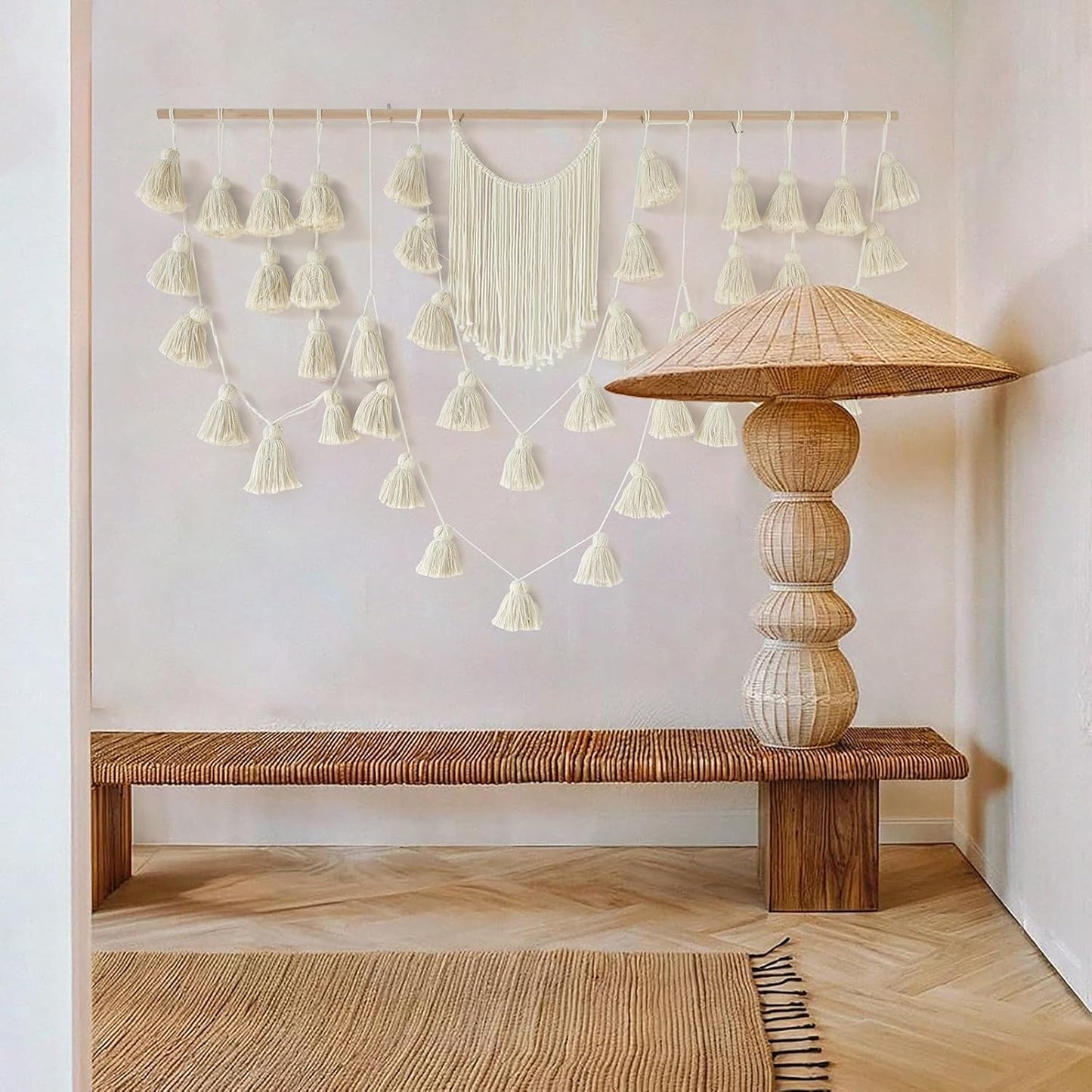 Jakalin Macrame Wall Hanging Boho Tassel Garland 57"x39" | Handmade Cotton Rope Wall Decor for Living Room, Bedroom, Nursery | Large Macrame Banner for Wedding Backdrop, Home Decoration